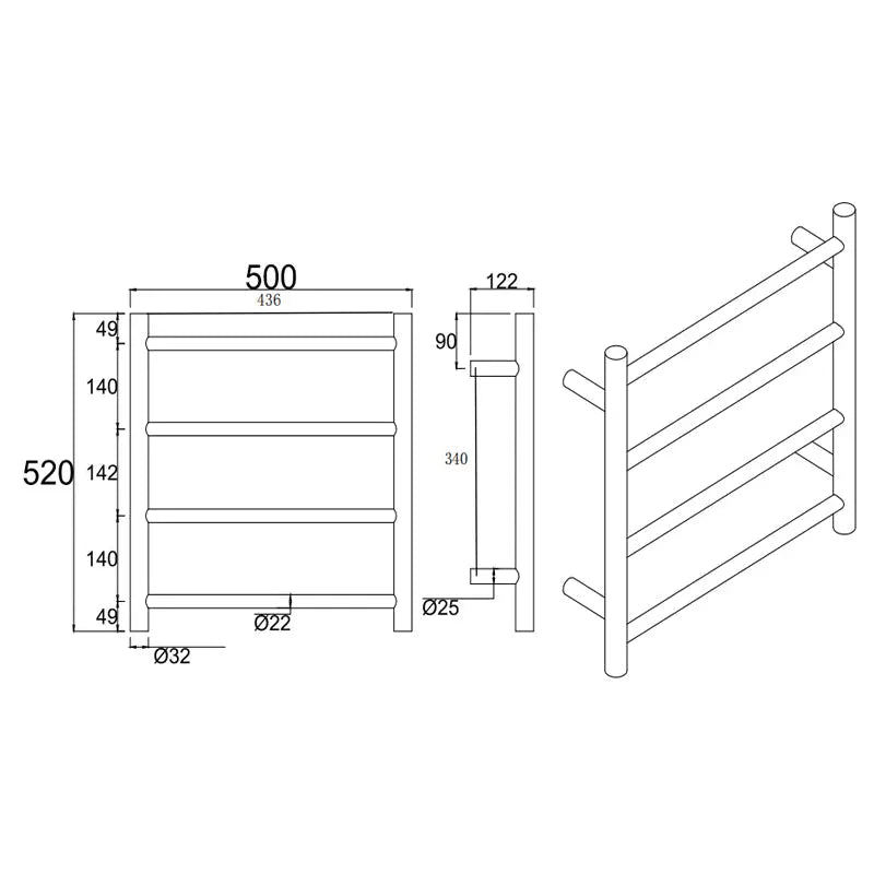 Chrome Heated Towel Rack 4 Bars Aquaperla