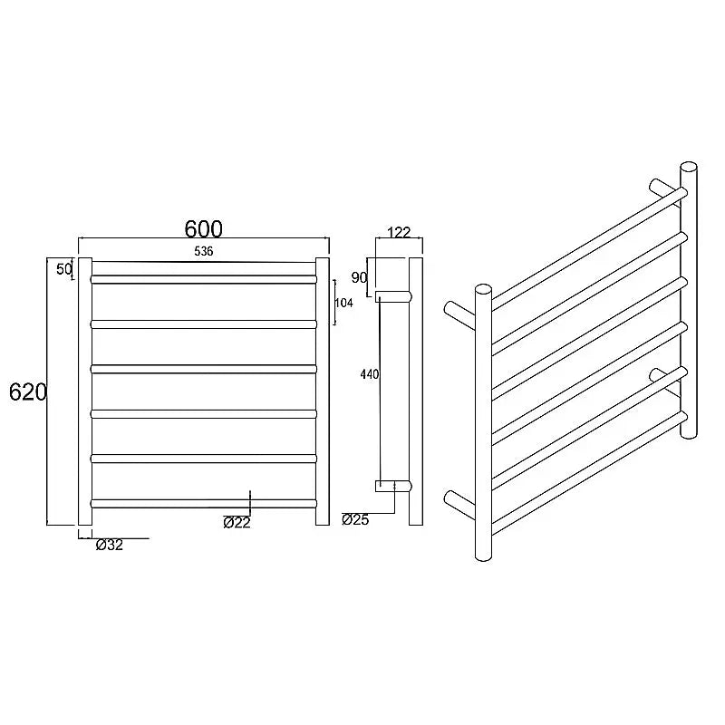 Brushed Nickel Heated Towel Rack 6 Bars Aquaperla
