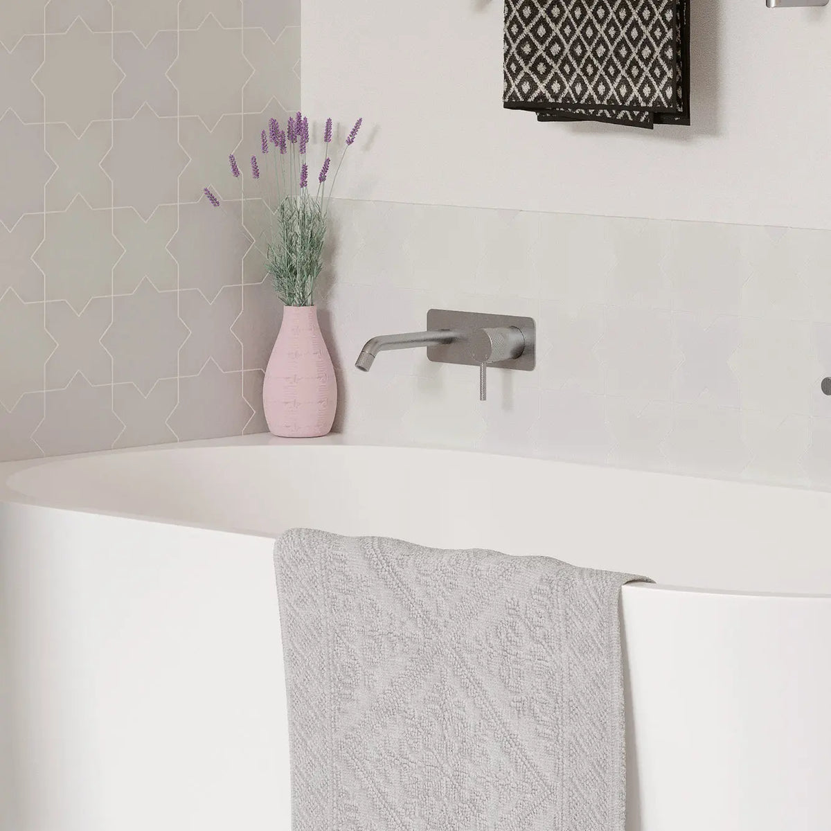 Axle Wall Basin/Bath Mixer Set, Rectangular Plate, 200mm Outlet, Brushed Nickel fienza
