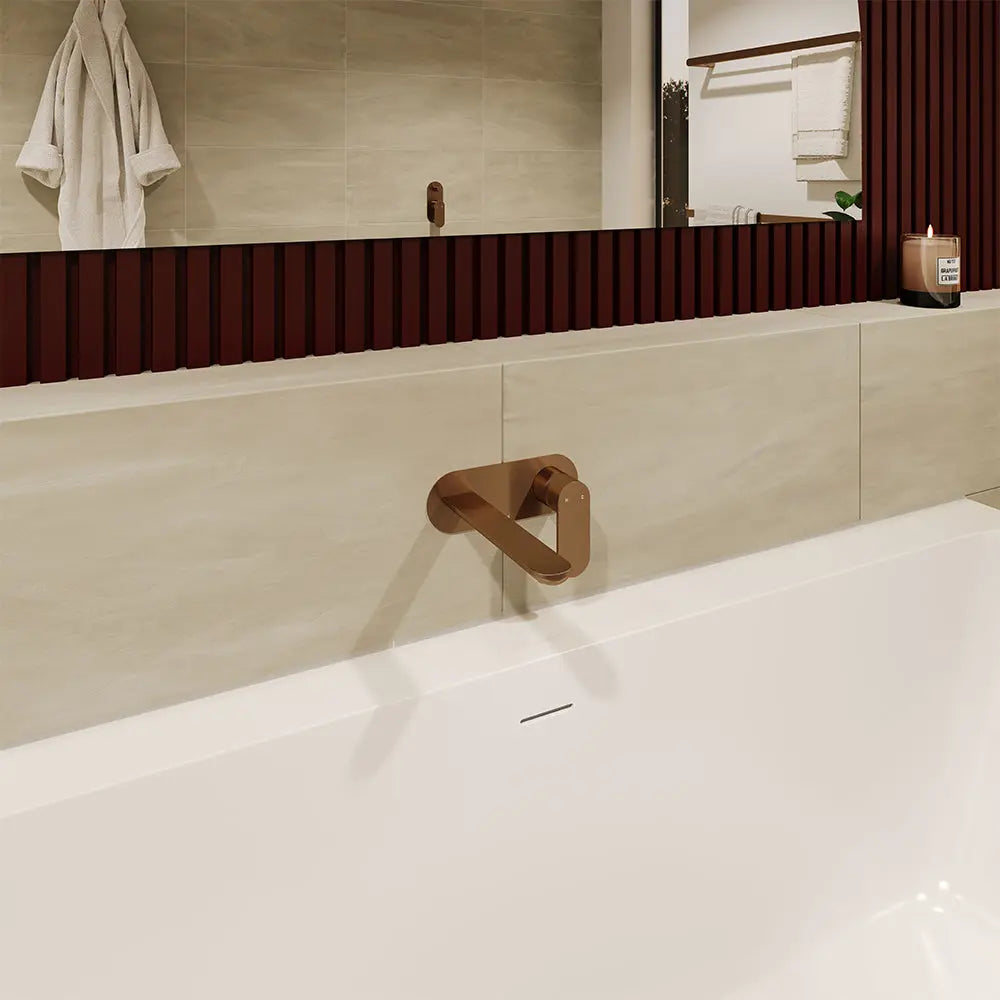 Empire Slim Basin/Bath Wall Mixer Set, Round Plates, 160mm Outlet, Brushed Copper fienza
