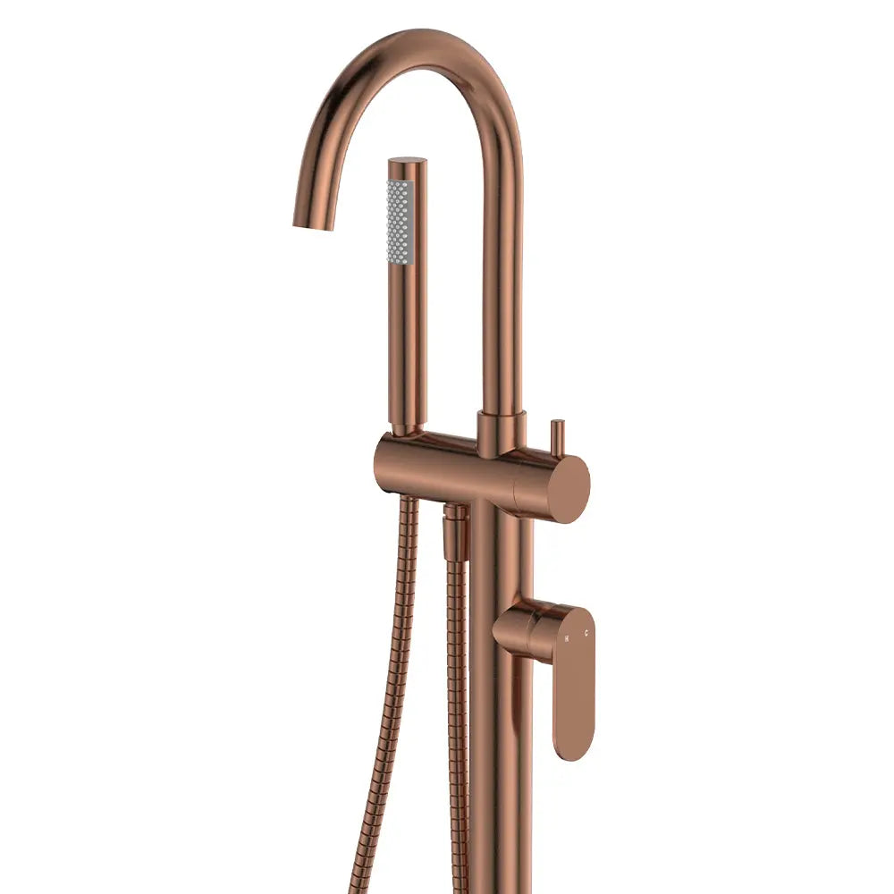 Empire Slim Floor Mounted Bath Mixer with Hand Shower, Brushed Copper fienza