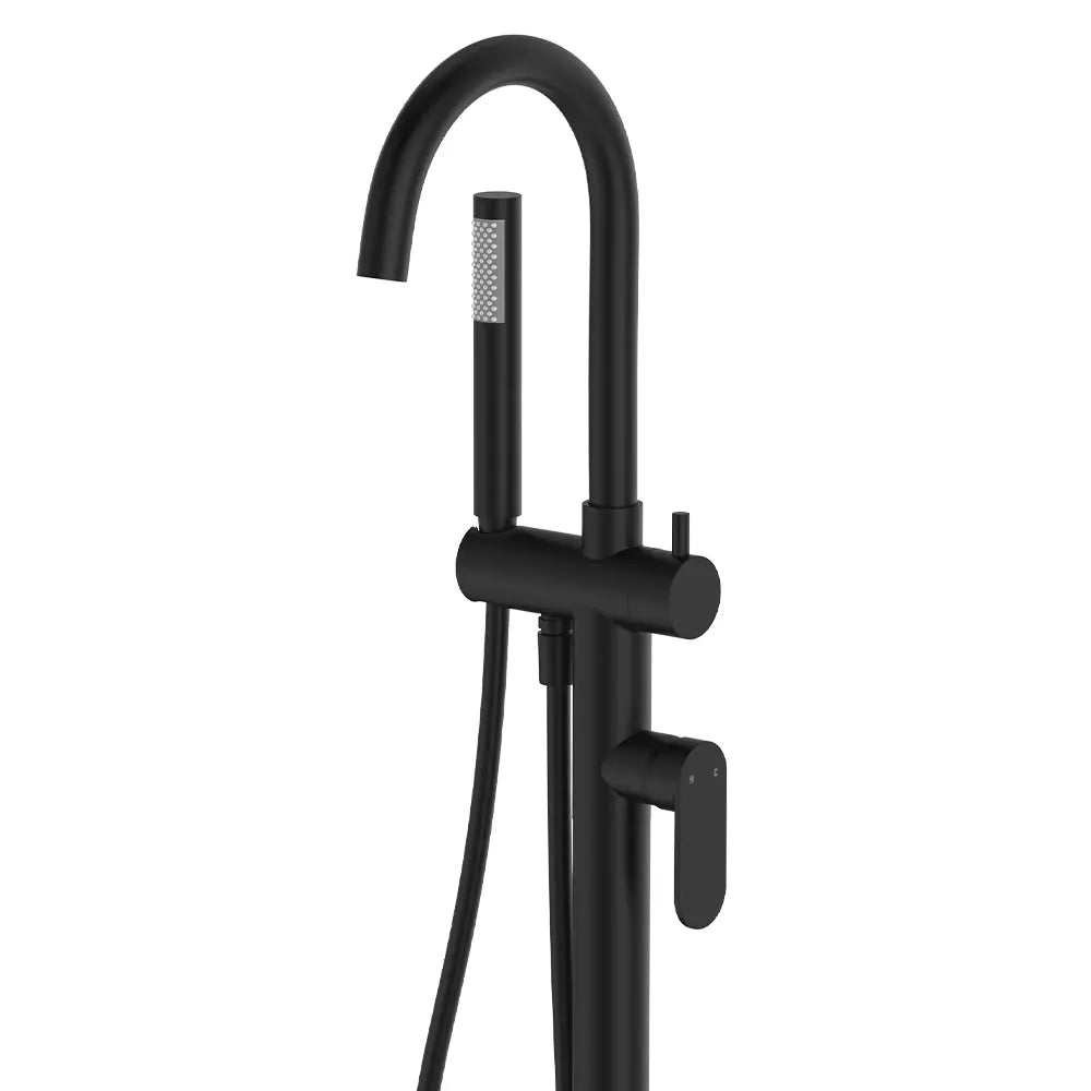 Empire Slim Floor Mounted Bath Mixer with Hand Shower, Matte Black fienza