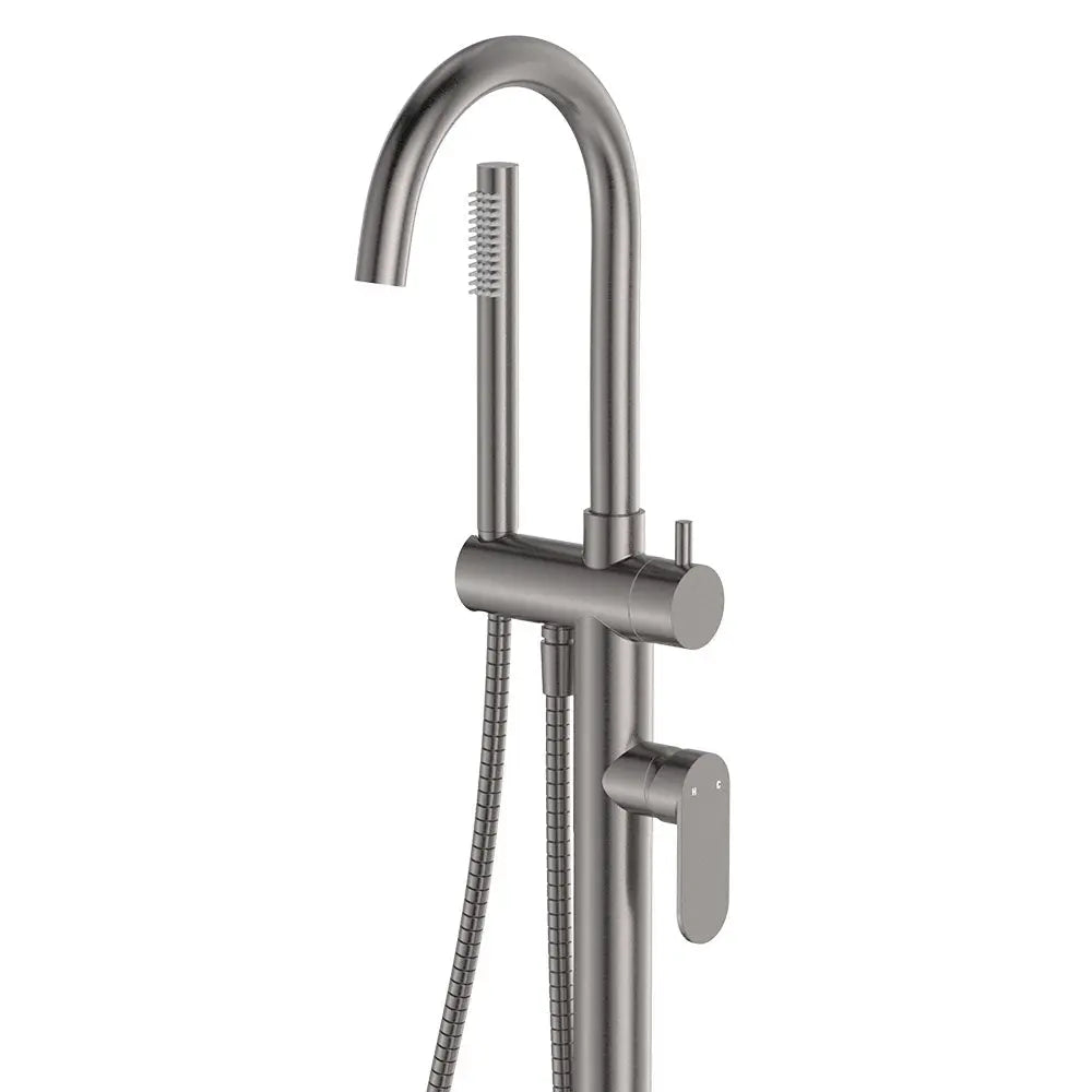 Empire Slim Floor Mounted Bath Mixer with Hand Shower, Gun Metal fienza