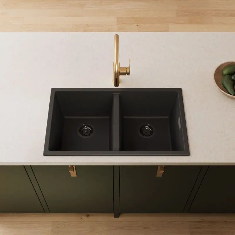 Kuro Granite 34L/34L Double Bowl Kitchen Sink, Matte Black fienza