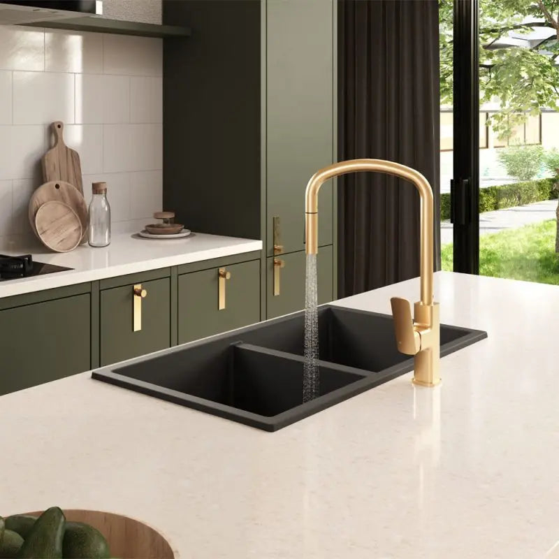 Kuro Granite 34L/34L Double Bowl Kitchen Sink, Matte Black fienza