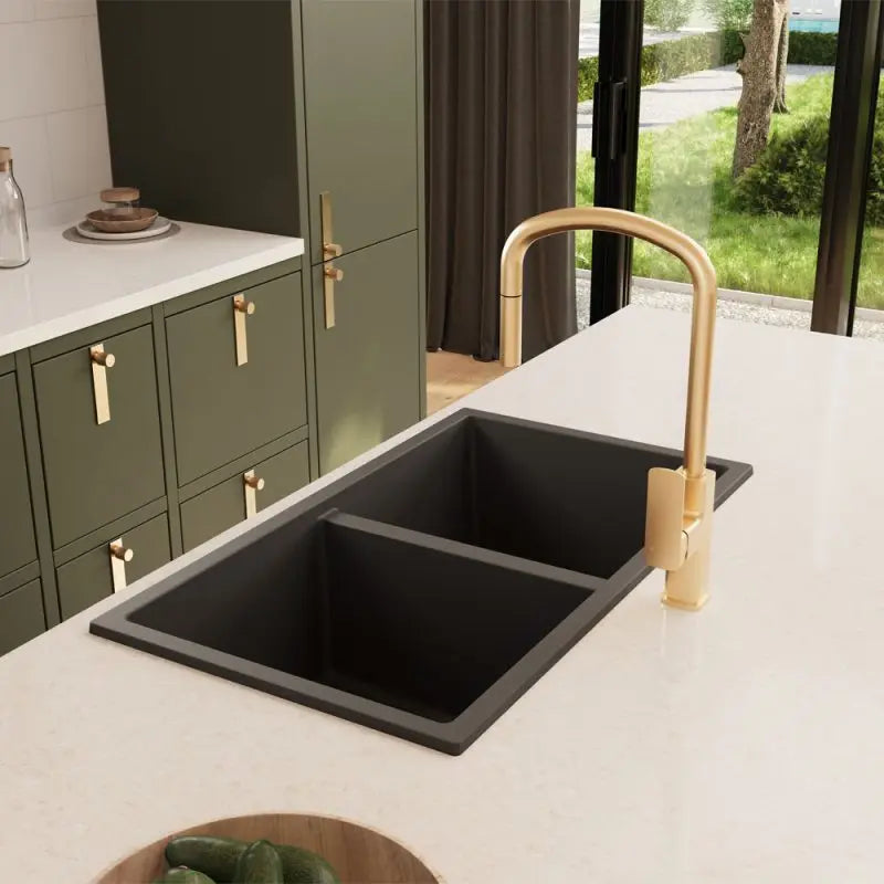 Kuro Granite 34L/34L Double Bowl Kitchen Sink, Matte Black fienza