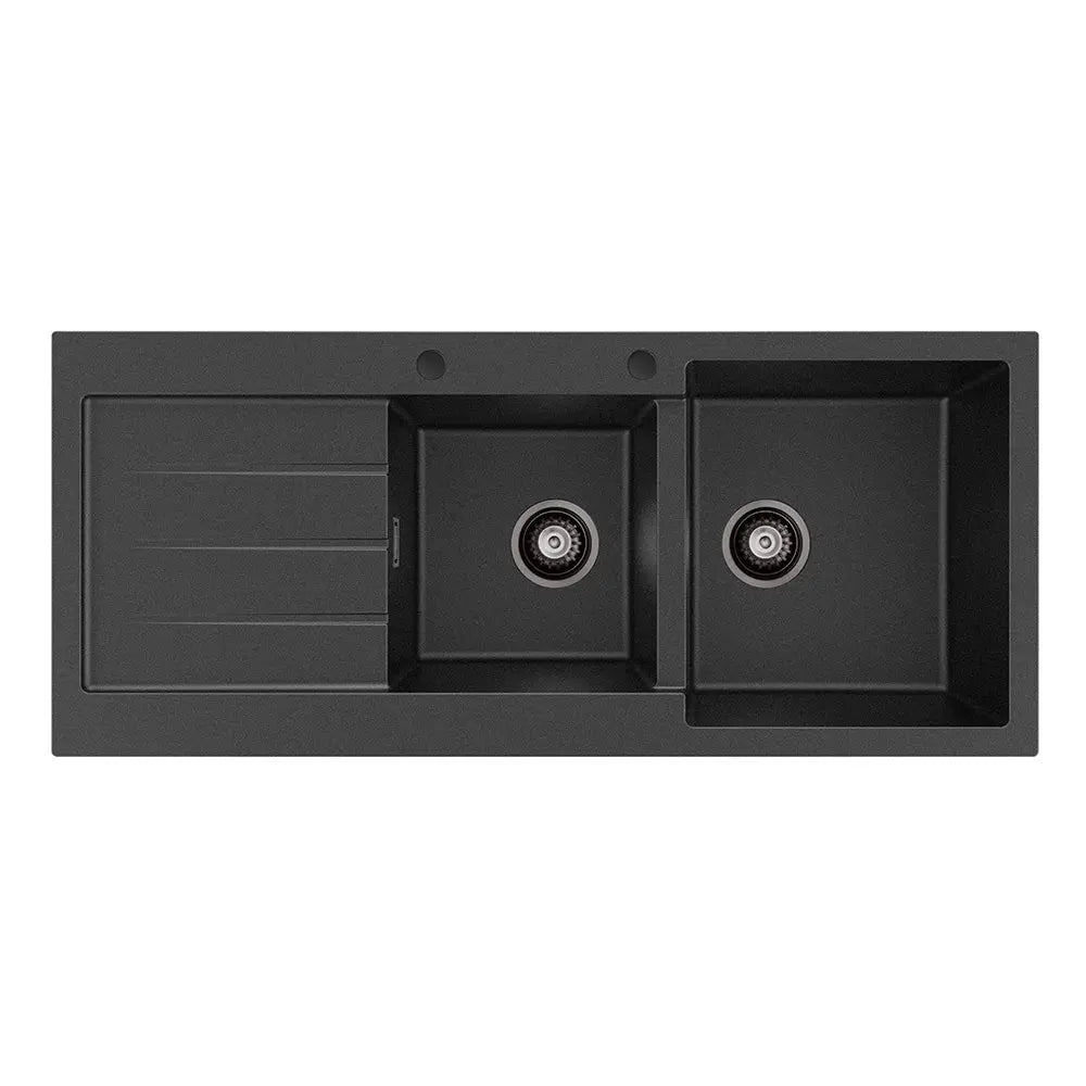 Kuro Granite 2L/22L Double Kitchen Sink with Drainer, Right Bowl, 2 Tap Holes, Matte Black fienza