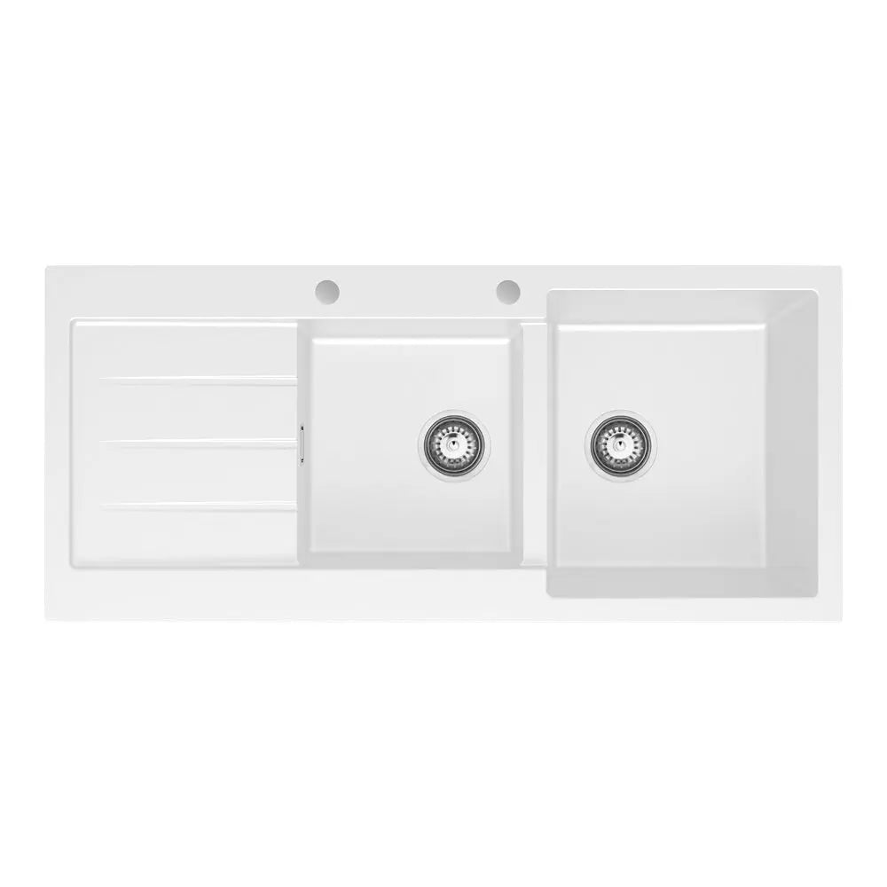 Kuro Granite 32L/22L Double Kitchen Sink with Drainer, Right Bowl, 2 Tap Holes, Matte White fienza