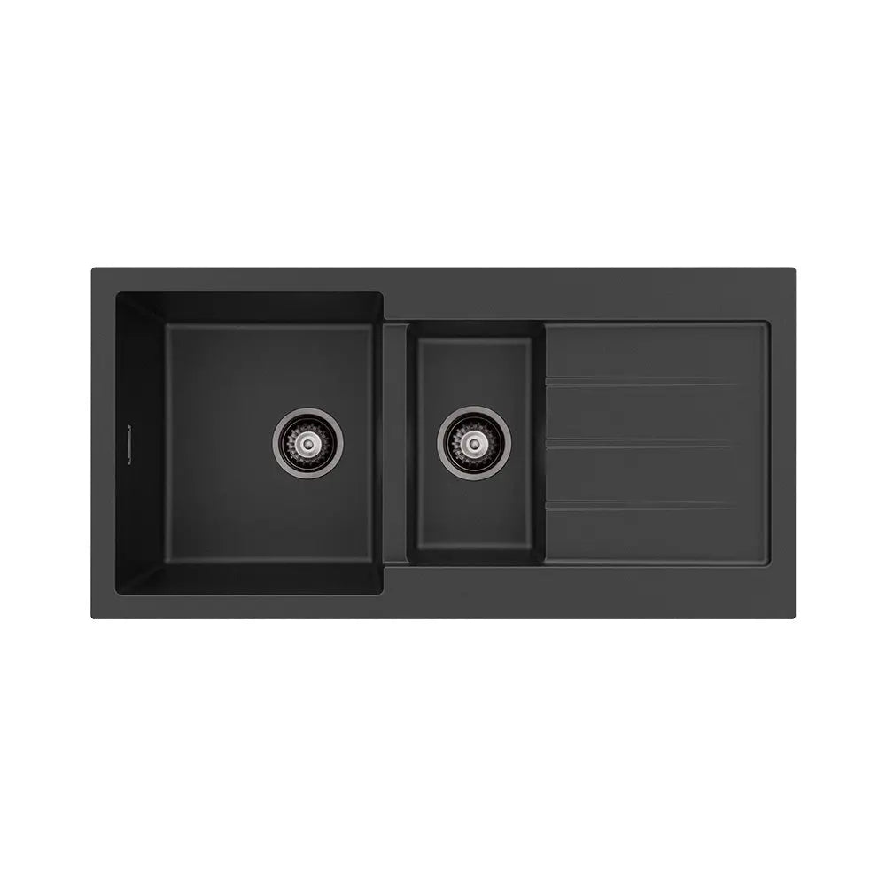 Kuro Granite32L/14L Double Kitchen Sink with Drainer, Matte Black fienza
