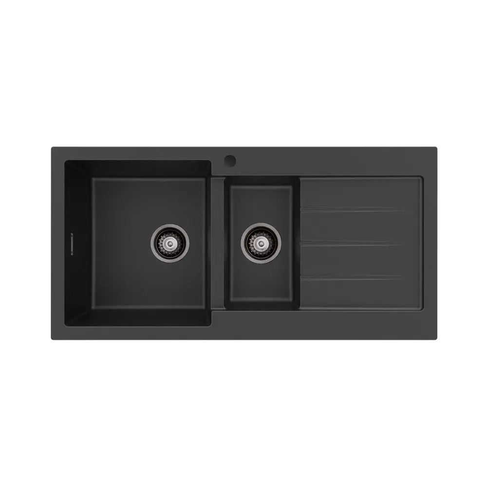 Kuro Granite 32L/14L Double Kitchen Sink with Drainer, Left Bowl, 1 Tap Hole, Matte Black fienza