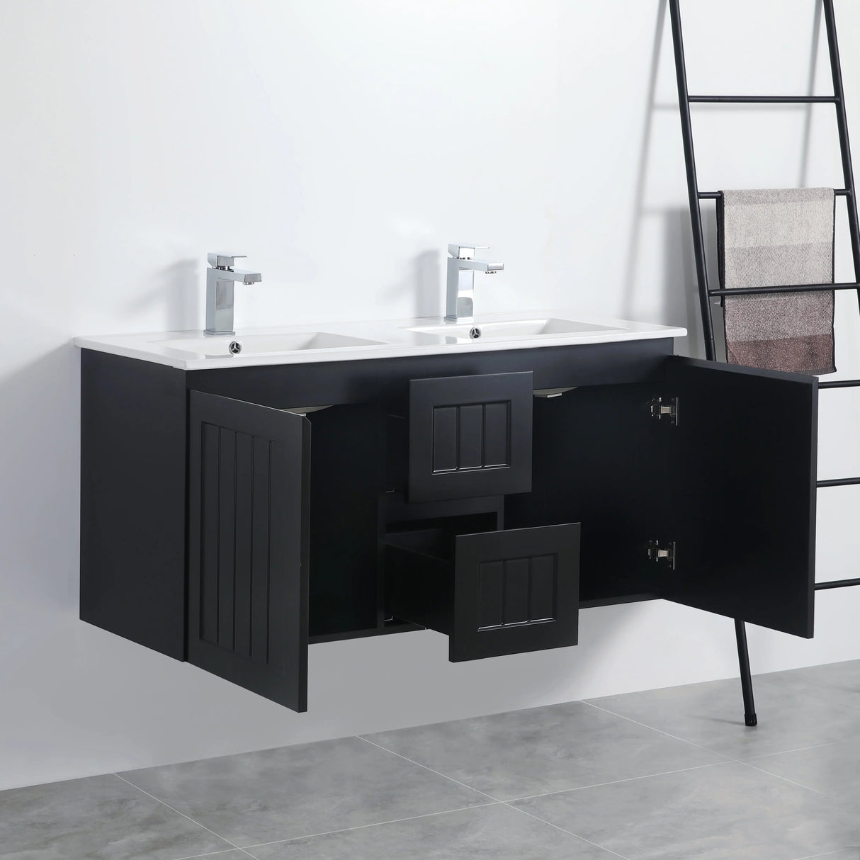 ACACIA SHAKER Matte Black PVC Wall Hung Vanity 1200 (Double Bowl) Poseidon
