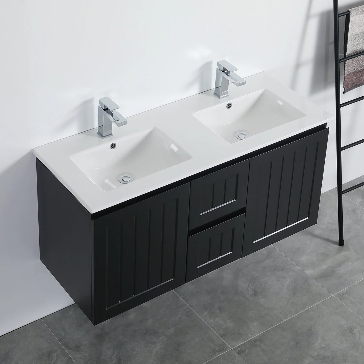 ACACIA SHAKER Matte Black PVC Wall Hung Vanity 1200 (Double Bowl) Poseidon