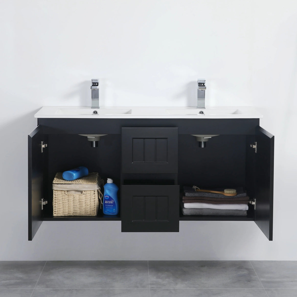 ACACIA SHAKER Matte Black PVC Wall Hung Vanity 1200 (Double Bowl) Poseidon