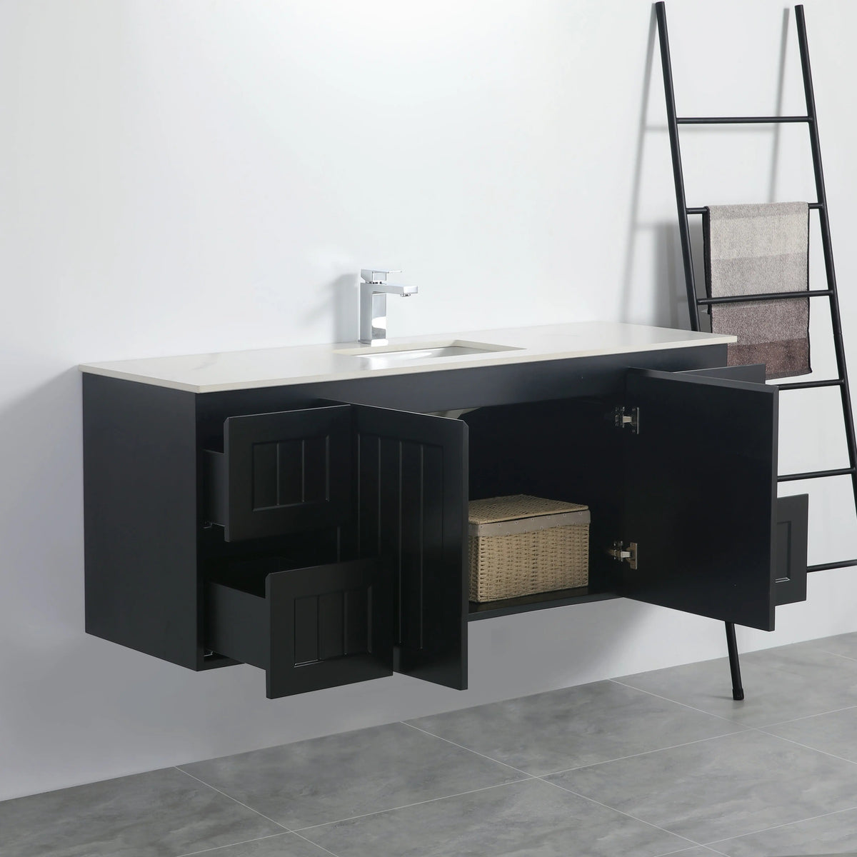 ACACIA SHAKER Matte Black PVC Wall Hung Vanity 1500 (Single/Double Bowl) Poseidon