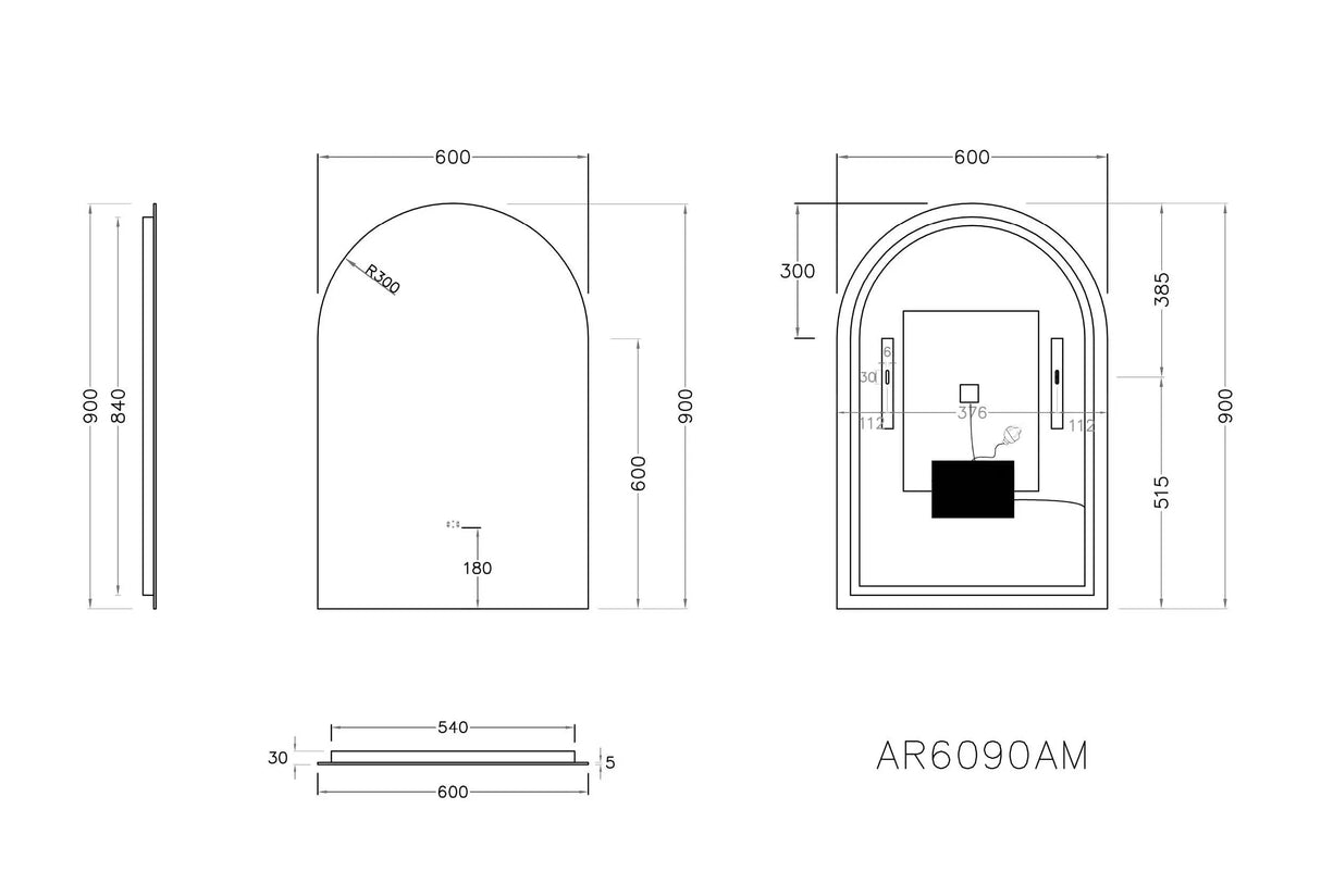 Aura Arched Touchless 600 X 900 Frameless LED Mirror - Three Light Temperatures Poseidonbk