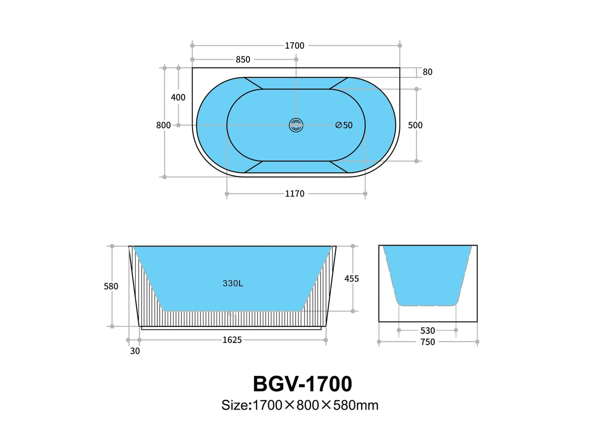 Bari Gloss White Groove Fluted Back-to-Wall Bathtub 1700*800*580mm Poseidonbk