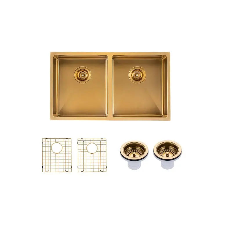 Handmade Stainless Steel Brushed Brass Double Bowl Kitchen Sink 1.2mm (Top/Flush/Undermount) 820*457*230mm Aquaperla
