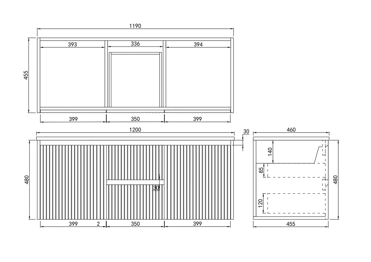 Brindabella Wall Hung Vanity (Middle Drawer) 1200mm (Single/Double Bowl) (Matte Black) Poseidon