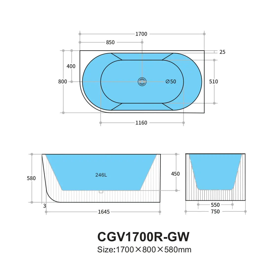 Capri Oval Fluted Freestanding Right Corner Bath 1700X800X580MM Poseidonbk