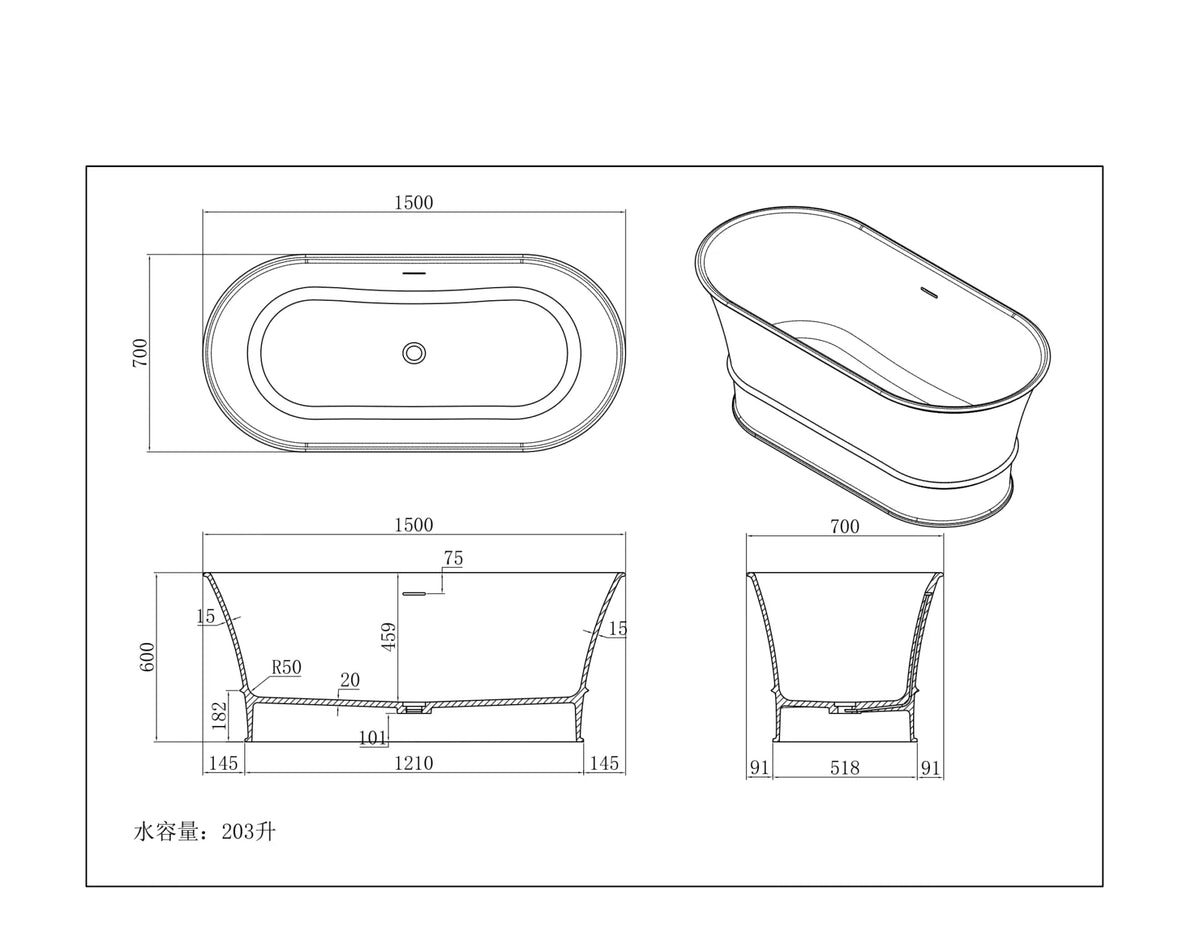 Harrington Matte White Solid Surface Stone Free Standing Bath 1700mm*850mm*760mm Poseidonbk