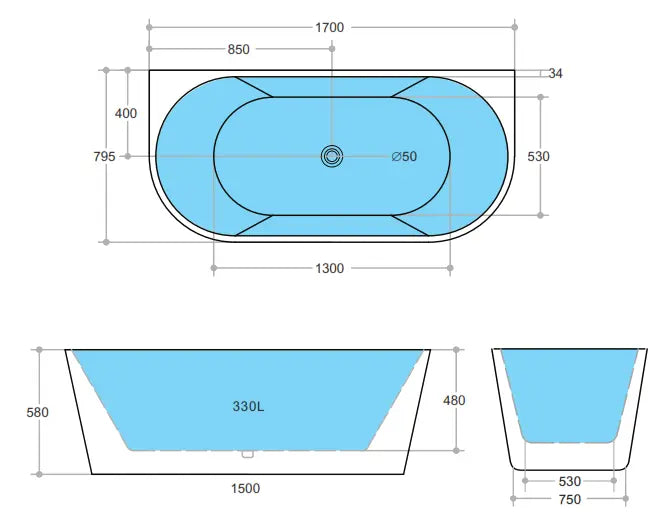 Elivia Back to Wall Matt White White 1700mm (L) x 795mm (W) x 580mm (H) Poseidonbk