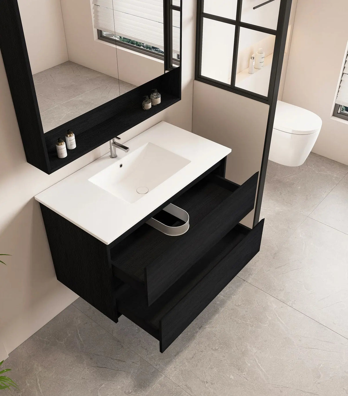 HERA 900mm Wall-Hung Vanity - Black Oak mercioaustralia