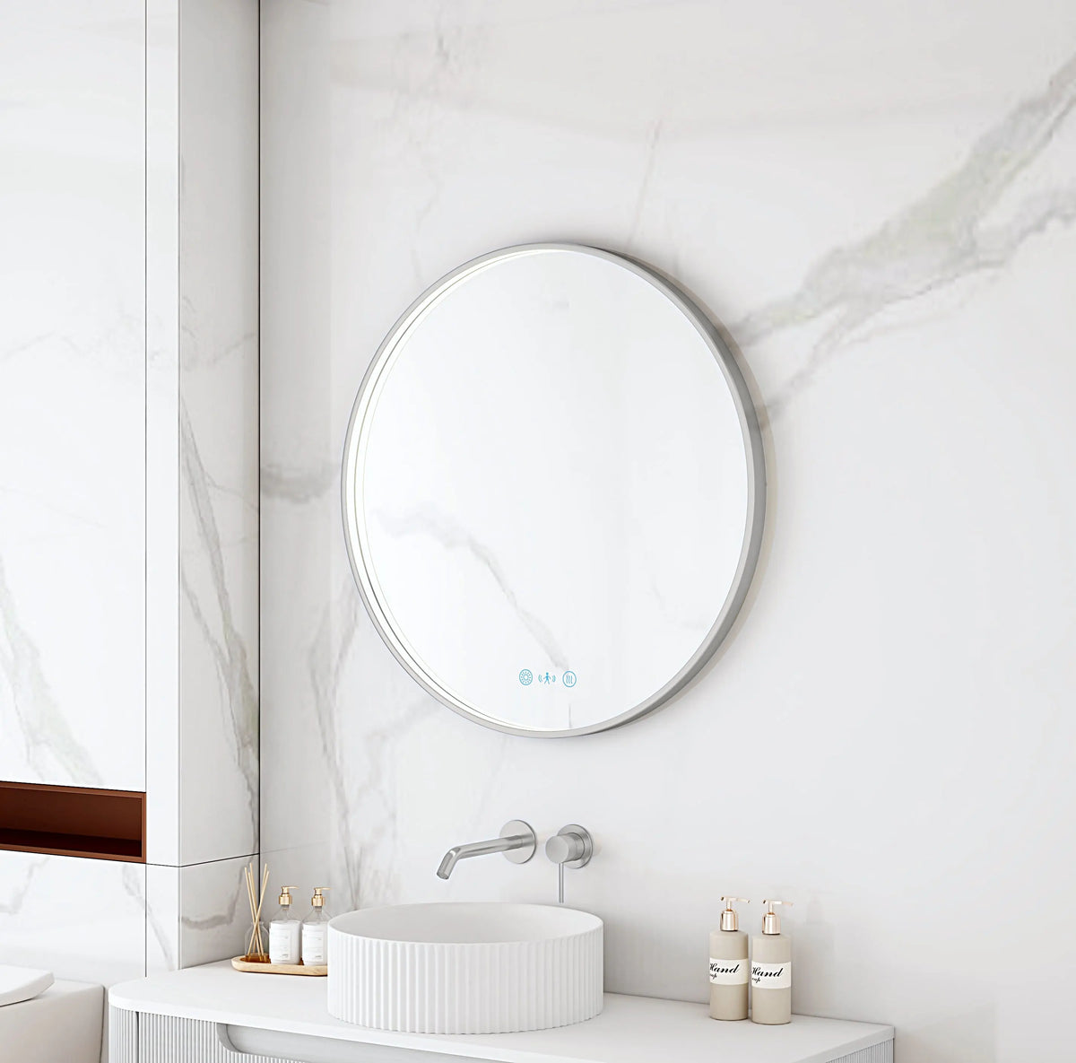 Maia 600/750/900mm LED Round Mirror – Brushed Nickel Frame mercioaustralia