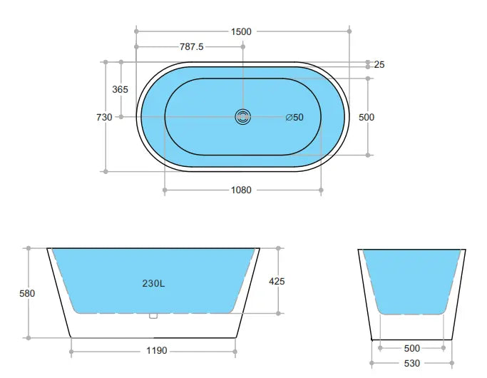Ovia Gloss White Free Standing Bathtub 1500*730*580mm Poseidonbk