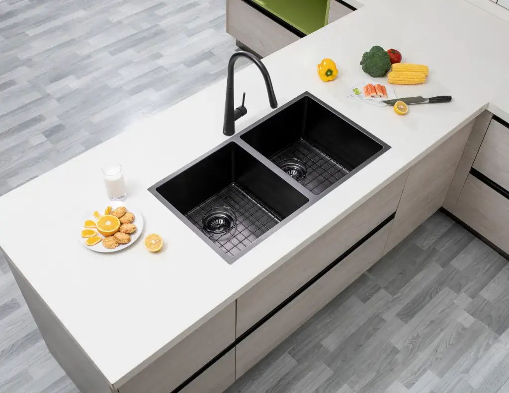 Handmade Stainless Steel Gun Metal Double Bowl Kitchen Sink 1.2mm (Top/Flush/Undermount) 770*450*215mm Aquaperla