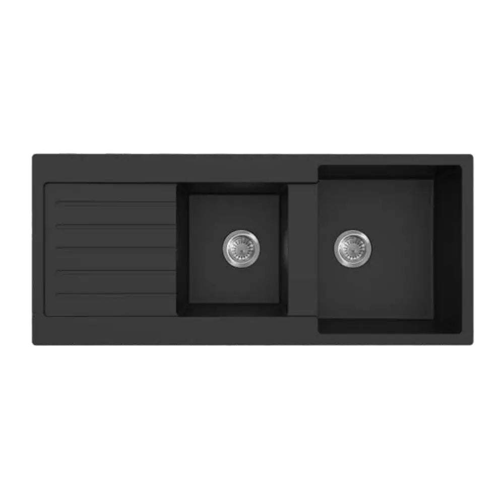 Matte Black Double Bowl With Drainer Quartz Sink 1160*500*216mm Poseidonbk