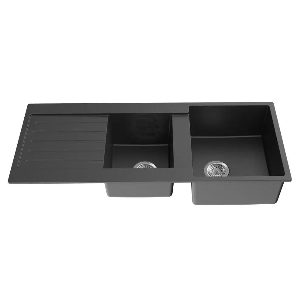 Matte Black Double Bowl With Drainer Quartz Sink 1160*500*216mm Poseidonbk