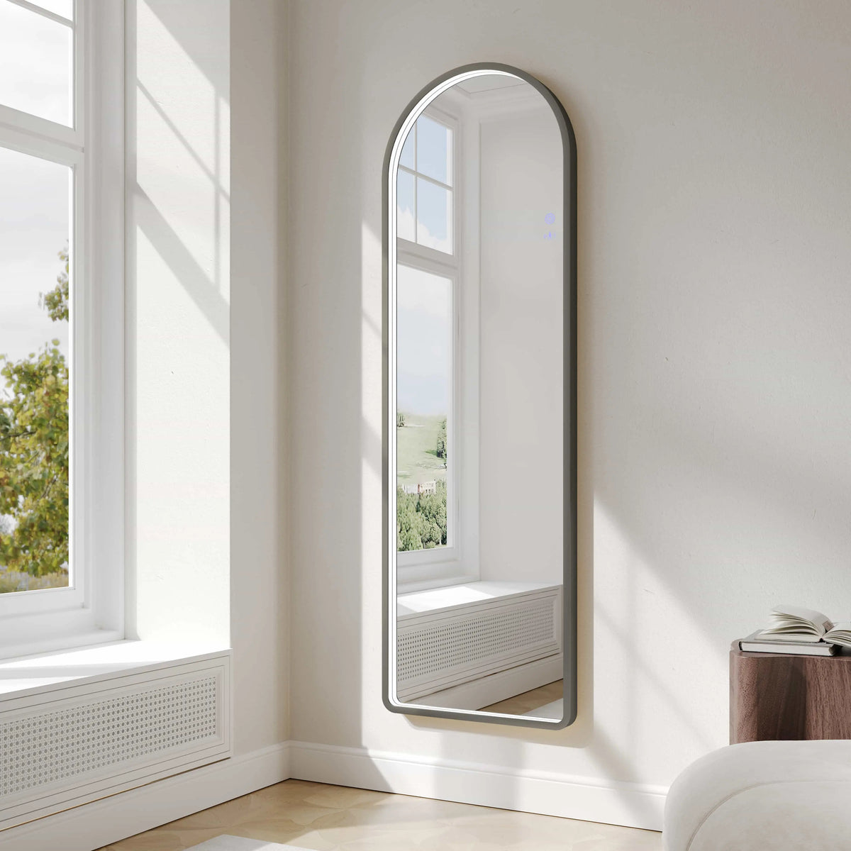 Saga 500×1600mm Freestanding LED Arch Mirror - Gun Metal mercioaustralia