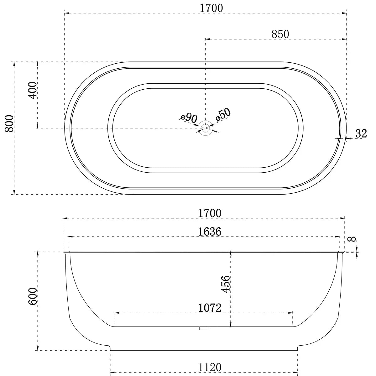 Oval Freestanding Bath 1700x800x600mm Poseidonbk