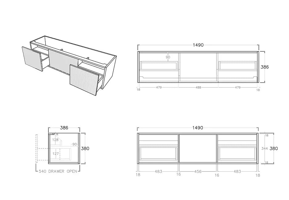Bellevue Slim PVC Wall Hung Vanity 1500mm (Single/Double Bowl) (Prime Oak) Poseidon