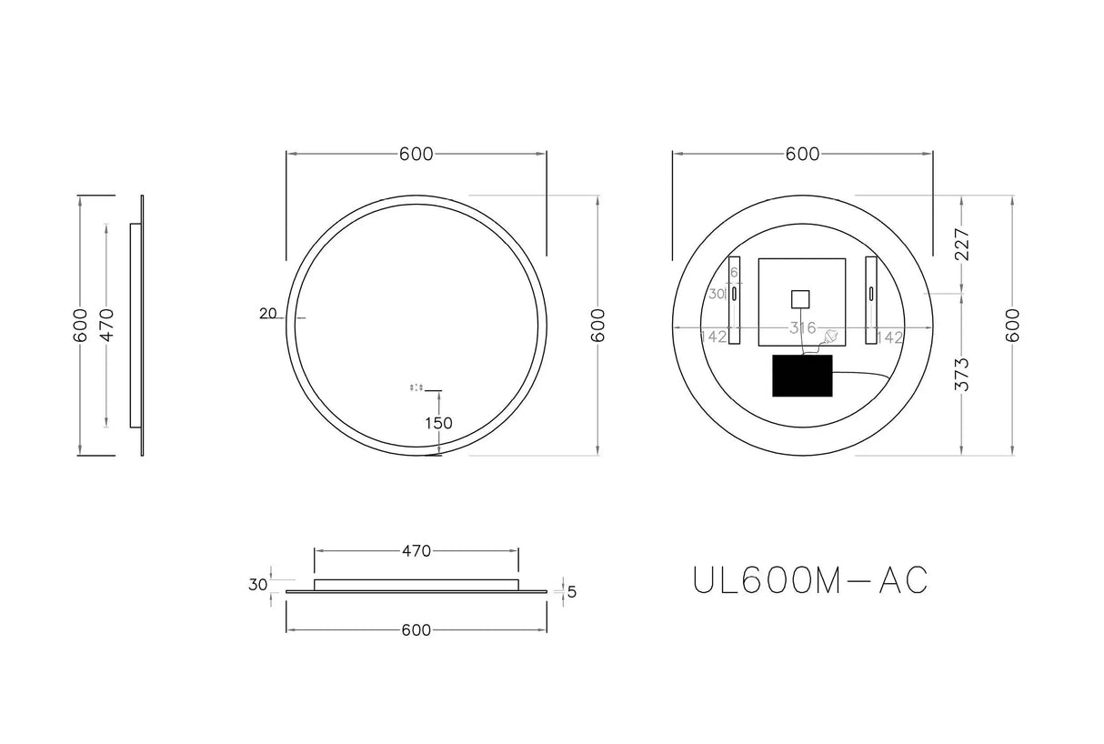 Luna Round Touchless 600 X 600 Frameless LED Mirror - Three Light Temperatures Poseidonbk