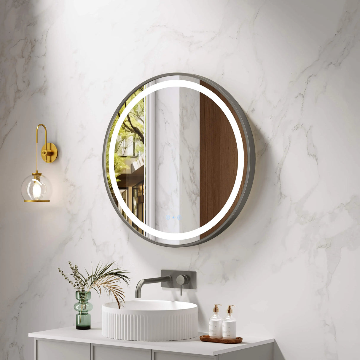 Venus 600/750/900mm LED Round Mirror – Gun Metal Frame mercioaustralia