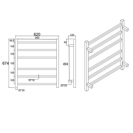 Black Heated Towel Rack 6 Bars Aquaperla