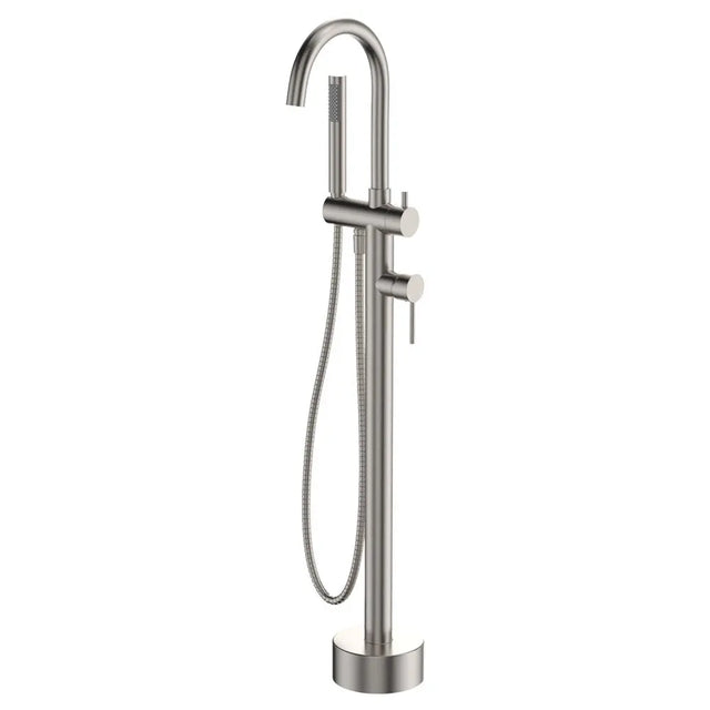 Kaya Floor Mounted Bath Mixer With Hand Shower, Brushed Nickel fienza
