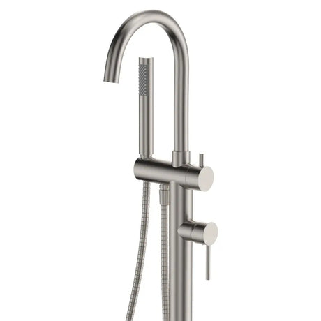 Kaya Floor Mounted Bath Mixer With Hand Shower, Brushed Nickel fienza