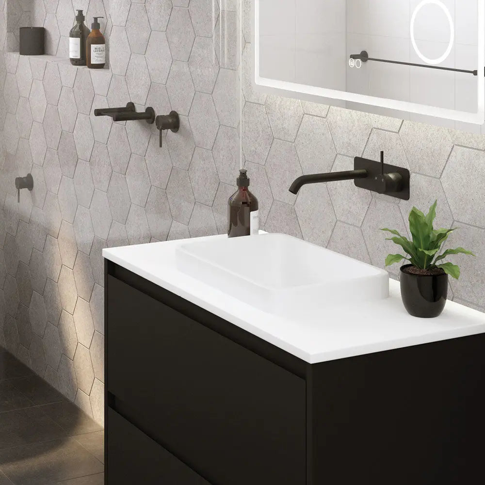 Kaya Up Basin/Bath Wall Mixer Set, Rectangular Plate, 200mm Outlet, Matte Black (Copy) fienza