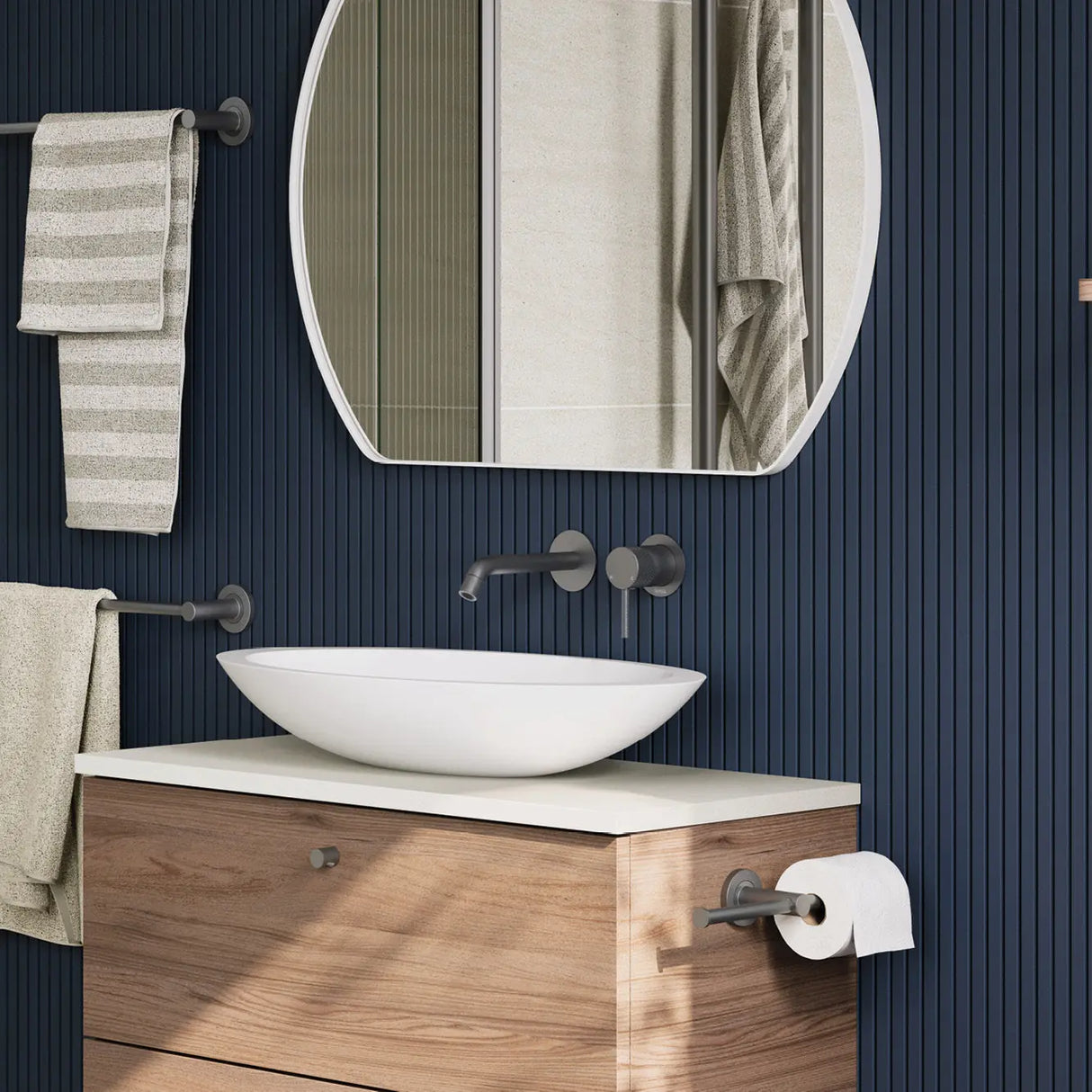 Axle Wall Basin/Bath Mixer Set, Round Plates, 160mm Outlet, Gun Metal fienza