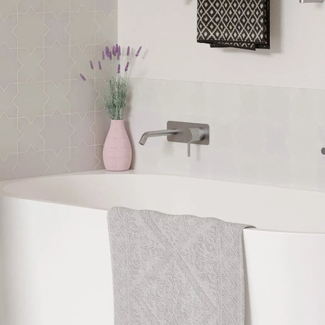 Axle Wall Basin/Bath Mixer Set, Rectangular Plate, 200mm Outlet, Brushed Nickel fienza