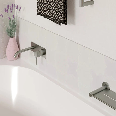 Axle Wall Basin/Bath Mixer Set, Rectangular Plate, 200mm Outlet, Brushed Nickel fienza