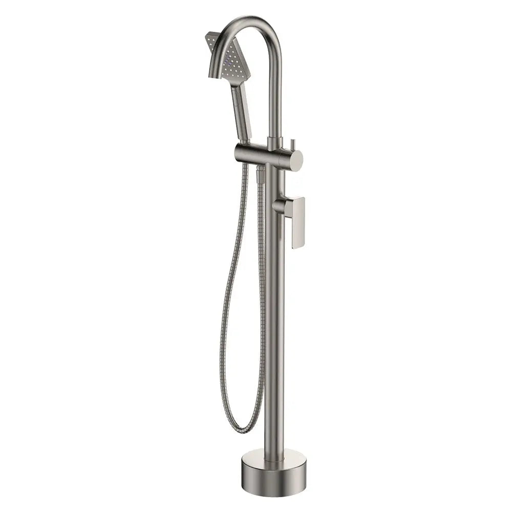Tono Floor Mounted Bath Mixer With Hand Shower, Brushed Nickel fienza