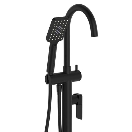 Tono Floor Mounted Bath Mixer With Hand Shower, Matte Black fienza