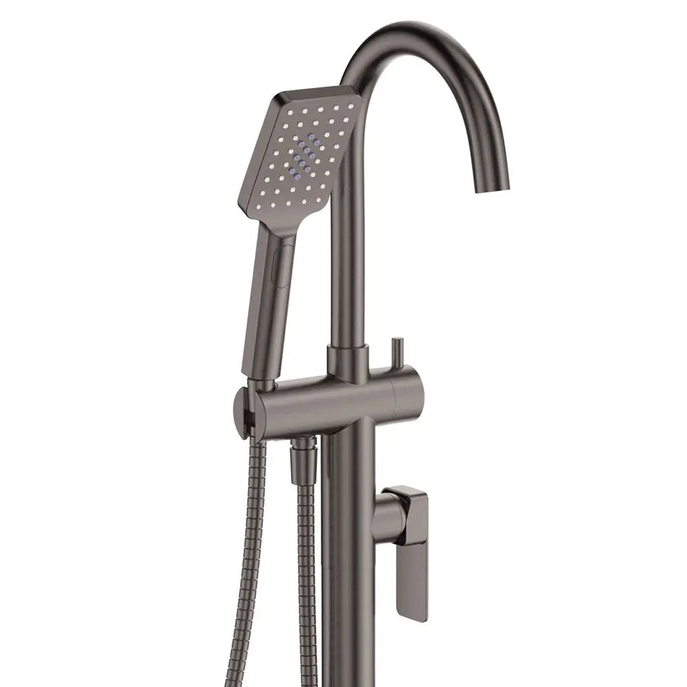 Tono Floor Mounted Bath Mixer With Hand Shower, Gun Metal fienza