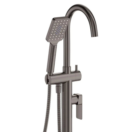 Tono Floor Mounted Bath Mixer With Hand Shower, Gun Metal fienza