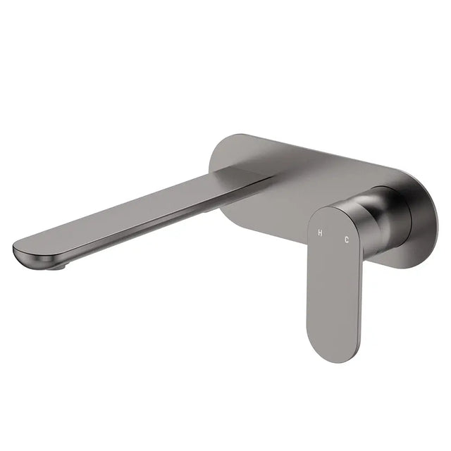 Empire Slim Basin/Bath Wall Mixer Set, Oval Plate, 200mm Outlet, Gun Metal fienza