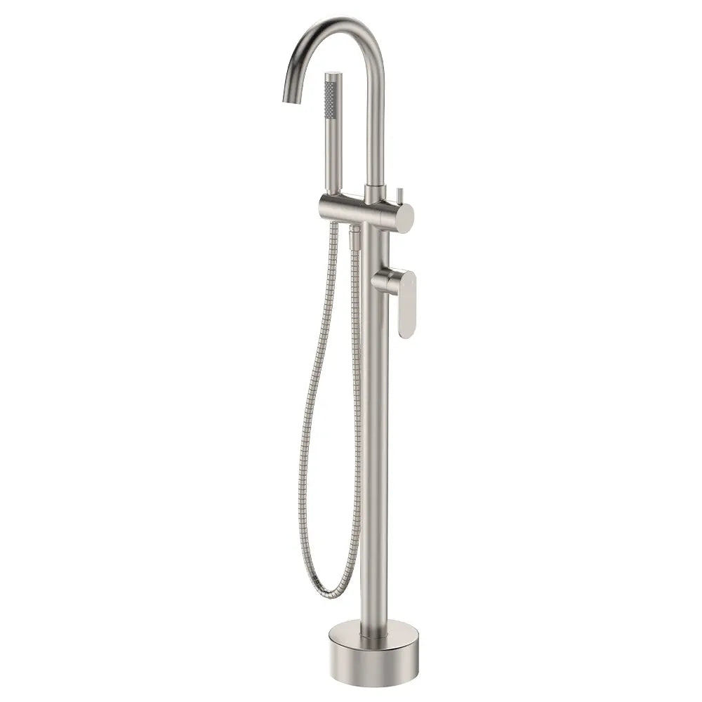 Empire Slim Floor Mounted Bath Mixer with Hand Shower, Brushed Nickel fienza