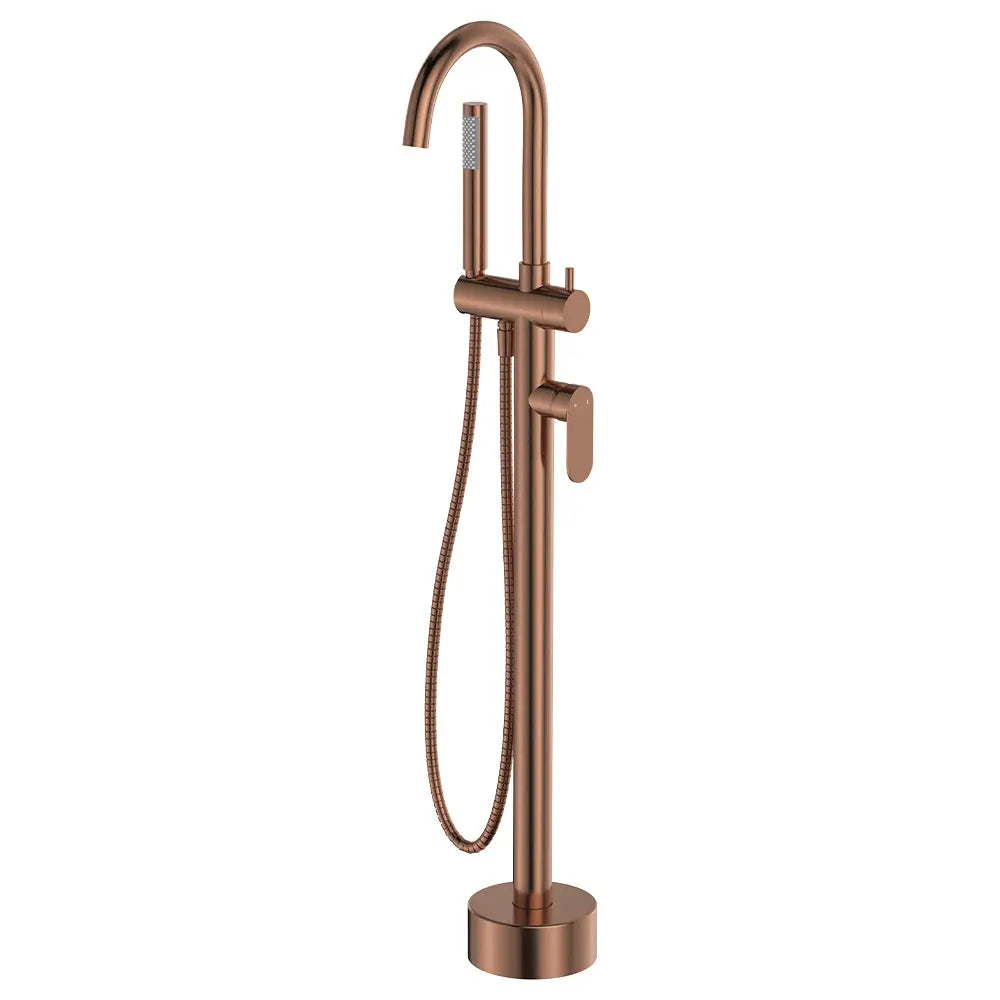 Empire Slim Floor Mounted Bath Mixer with Hand Shower, Brushed Copper fienza